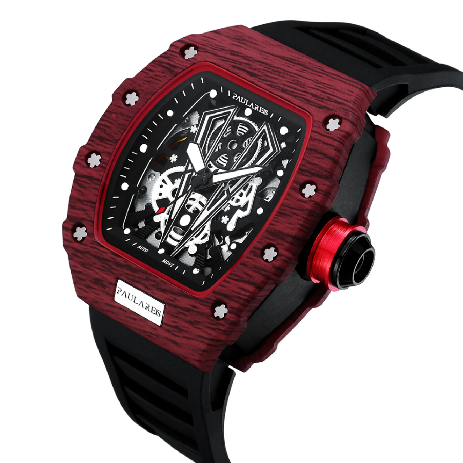 Men Automatic Self Wind Skeleton Mechanical Red Black Rubber Strap Richard Fashion Tonneau Watch