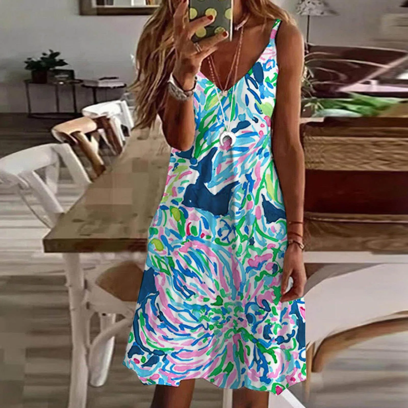 

Женское Повседневное платье-комбинация без рукавов с V-образным вырезом