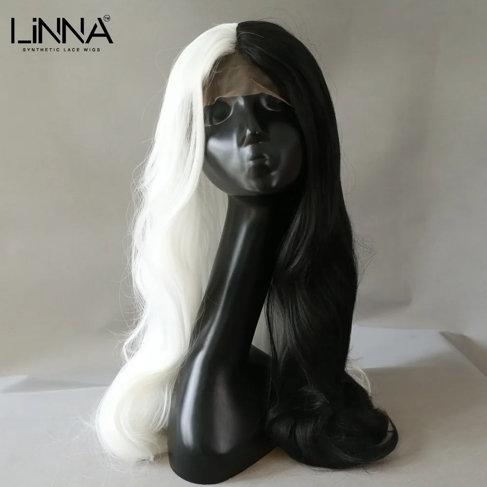 LINNA Long Wavy  Synthetic Lace Female Wig 28 Inch Black And White Color Middle Parting Hair Cosplay Anime/Daily