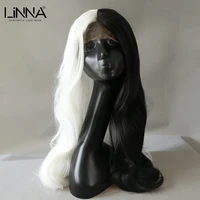 linna long wavy synthetic lace female wig 28 inch black and white color middle parting hair cosplay animedaily