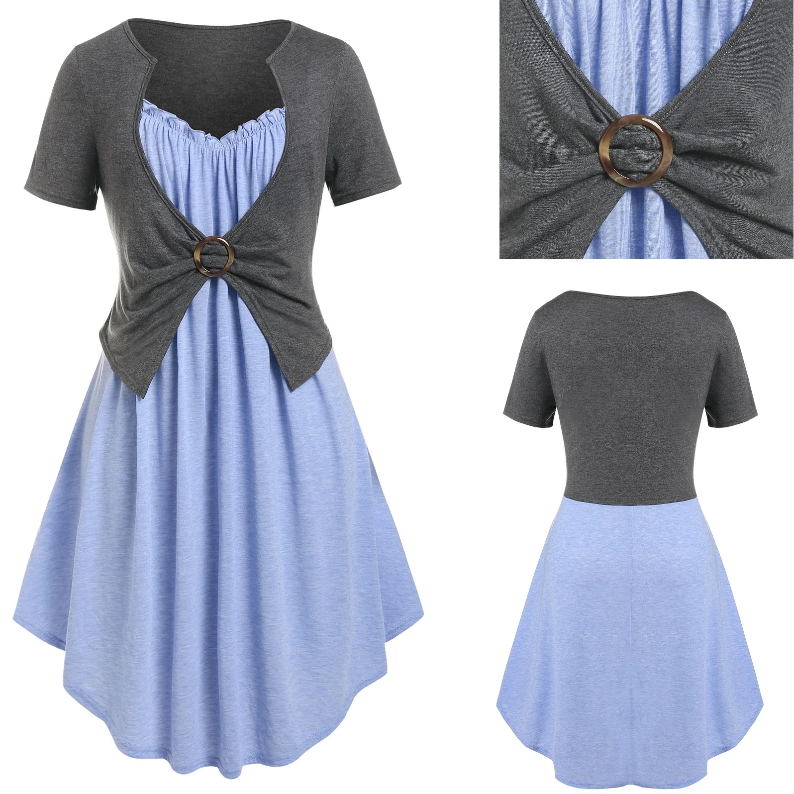 

New Colorblock O Ring Ruffle Midi Dress New A Line Short Sleeves Casual Skirts Elegant Empire Waist Two Tone Dresses