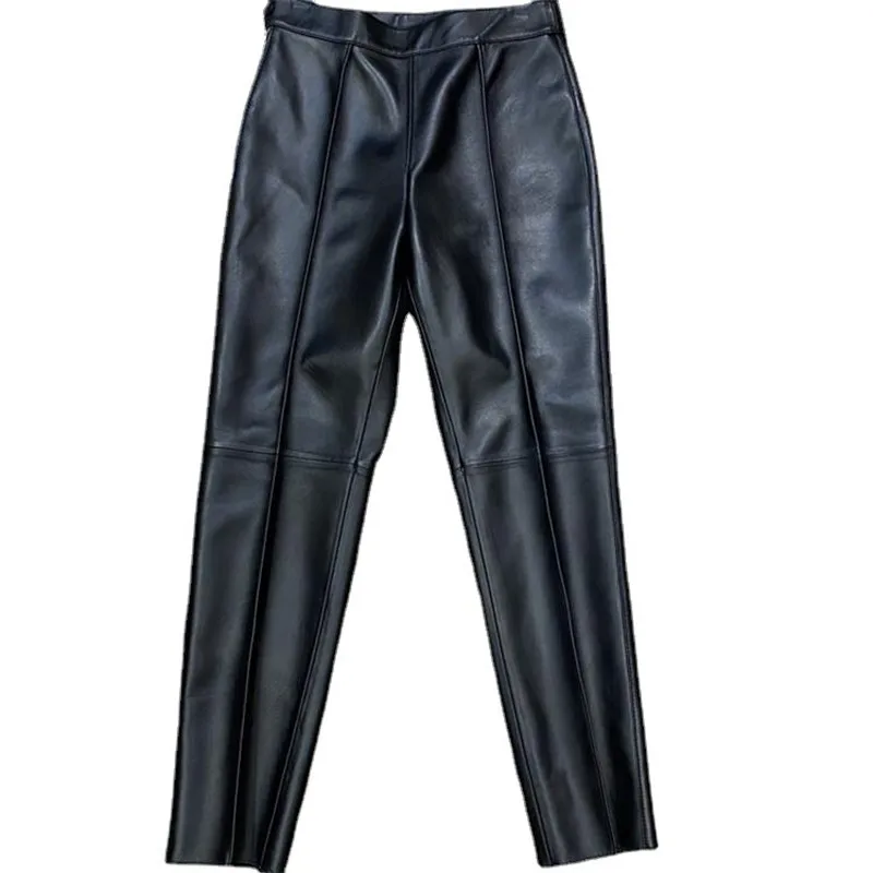 Leather Pants Spring Autumn Women's Genuine Sheepskin Pants OL Leather Ankle Length Pants Slim Casual Leather Pants