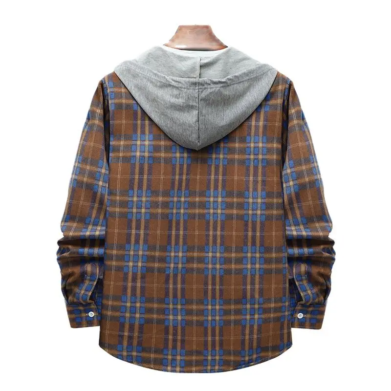 Parklees 2023 New Hooded Plaid Shirts for Men Fashion Blue Hit Color Checked Shirt Jacket Regular Casual Button Down Cotton Tops
