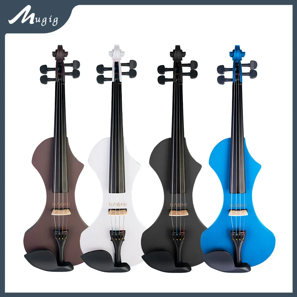 Mugig Electric Violin Full Size 4/4 Solid Wood Mahogany Metallic Electric Violin Silent Violin with Carrying Case Brazilwood Bow