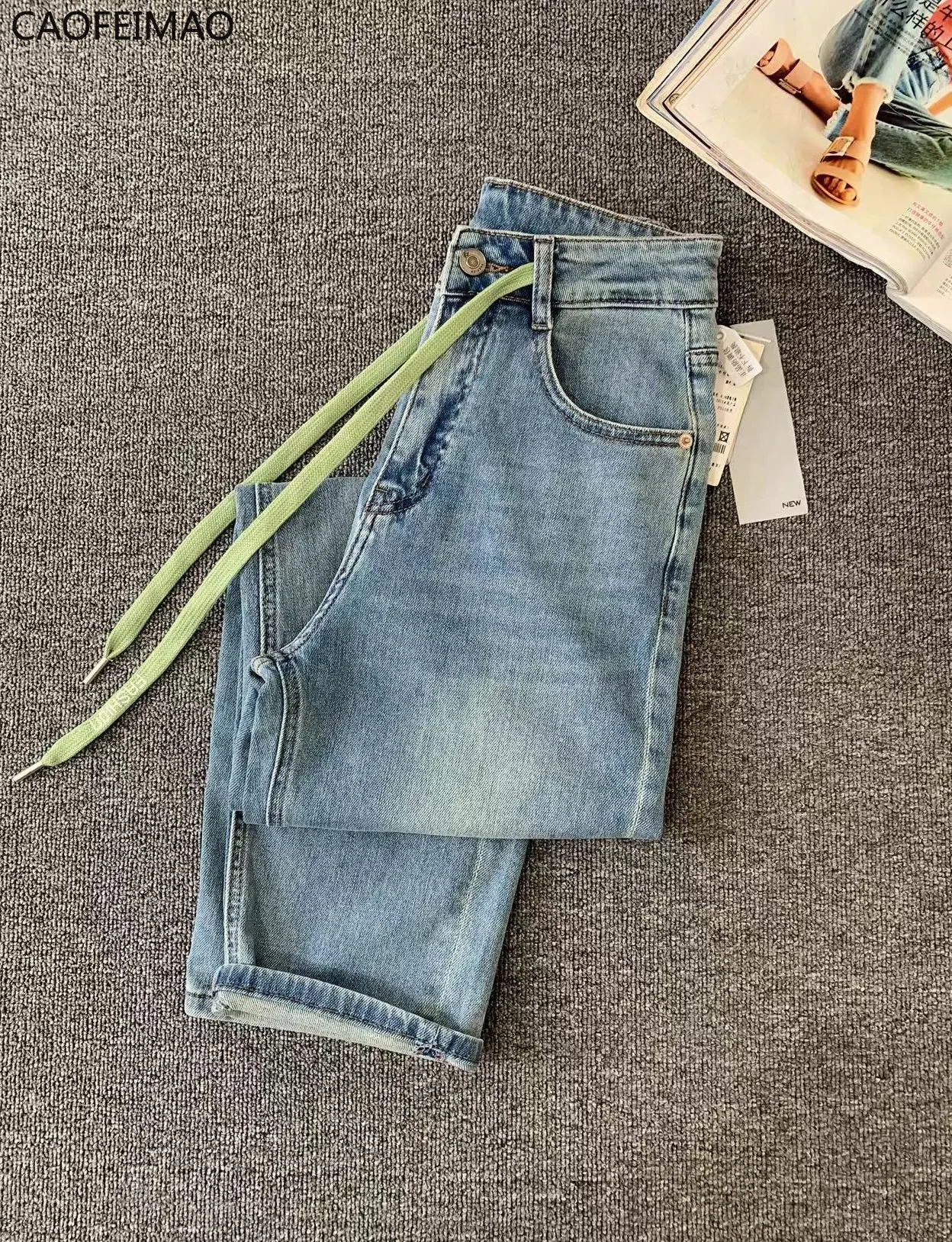 

Soft Denim Pear-shaped Figure Wear with Spring and Summer Color Contrast Draw Rope To Show Thin Denim Harlan Pants Women