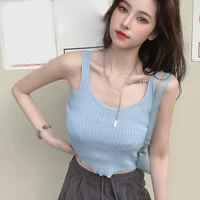 fashion women knitted crop tank tops sexy u neck sleeveless straps tops for lady sweet summer solid camisole vests