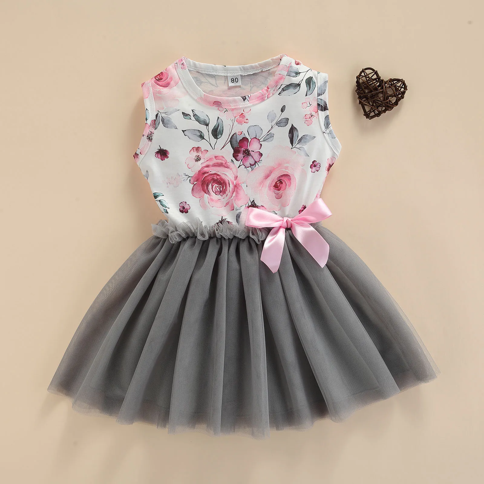 

Kawaii Kids Little Girls Tulle Dress Toddler Baby Cute Sleeveless Crew Neck Floral Print Bow Front Tutu Dress 1-6Years