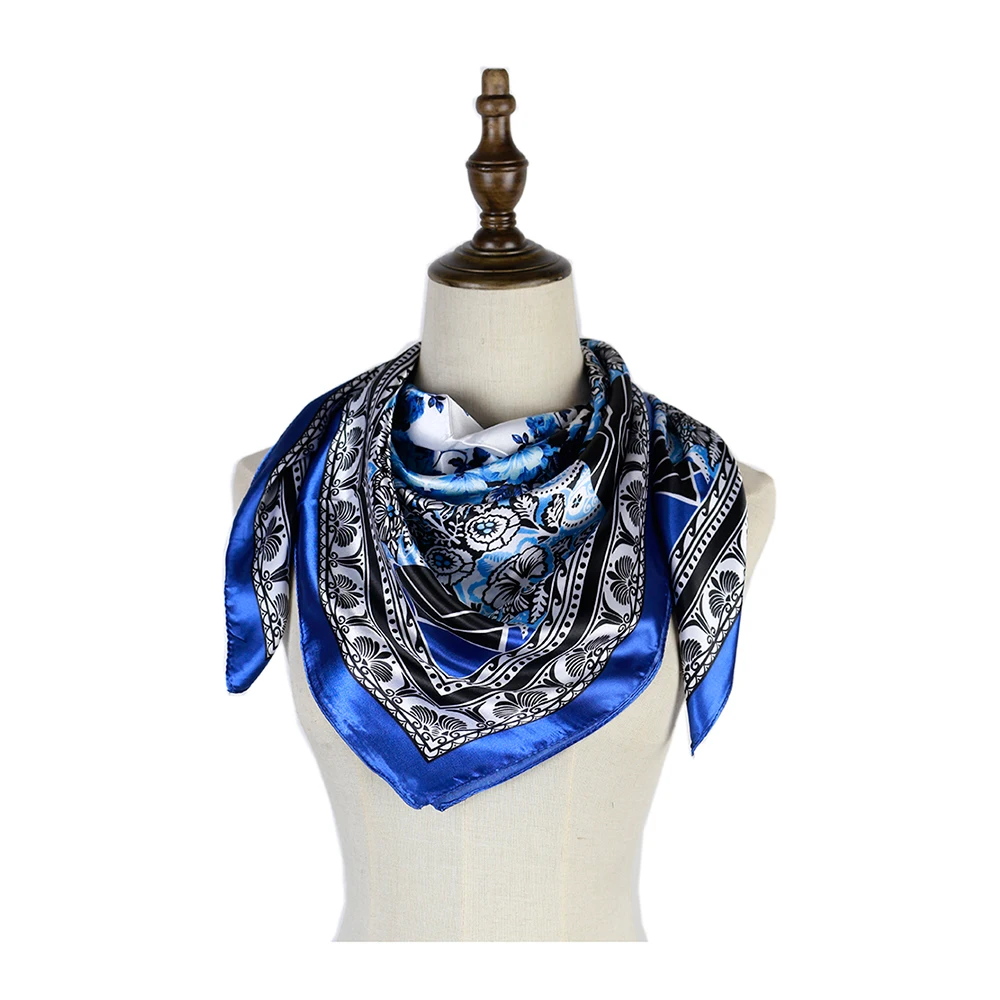 Шелковый шарф квадратный синий хиджаб роскошный бренд Bufanda женские шали 90 см