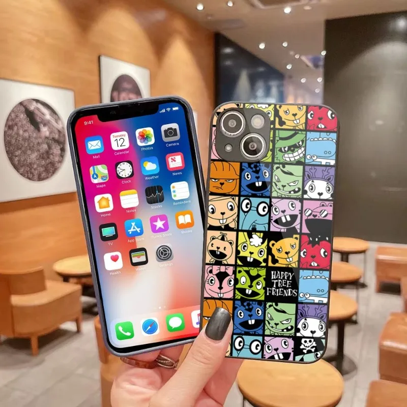 

Anime Happy Tree Friends Phone Case for iPhone 14 13 12 11 Pro Max X XR XS 8 7 Plus Liquid Glass Phone Cover