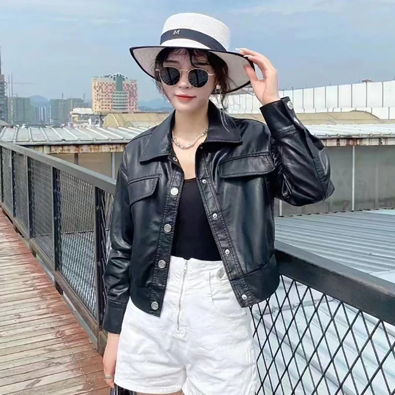Повседневная женская кожаная куртка 2023 новый стиль весна-осень корейская версия