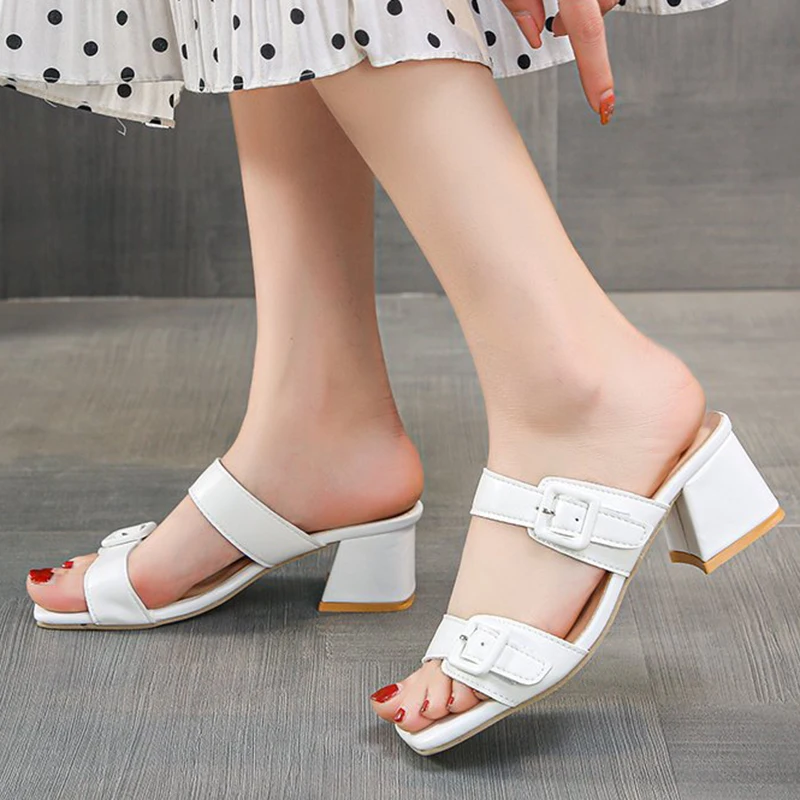 

Lucyever Fashion Double Buckle Slippers for Women 2022 Pu Leather Square Heels Sandals Woman Plus Size Summer Slipper Mujer 45