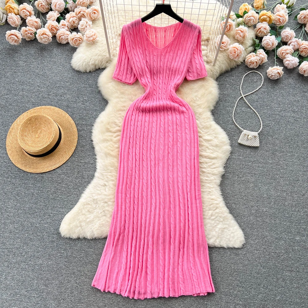 

Clothland Women Sweet Knitting Dress V Neck Short Sleeve Stretchy Slim Fit Sheath Knitwear Midi Dresses Vestido Mujer QC152