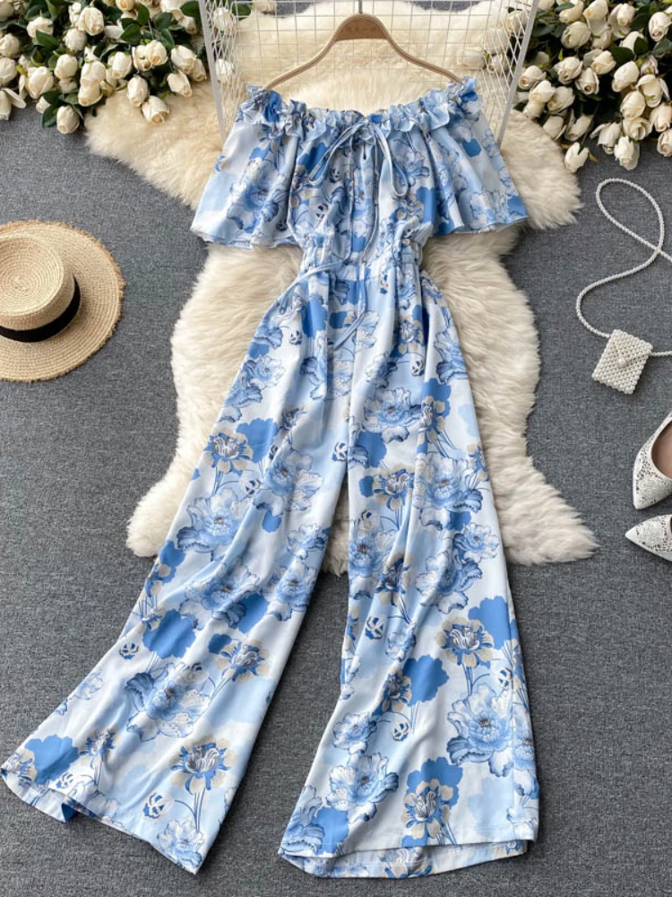 Женский комбинезон с цветочным принтом Свободный без рукавов открытыми плечами