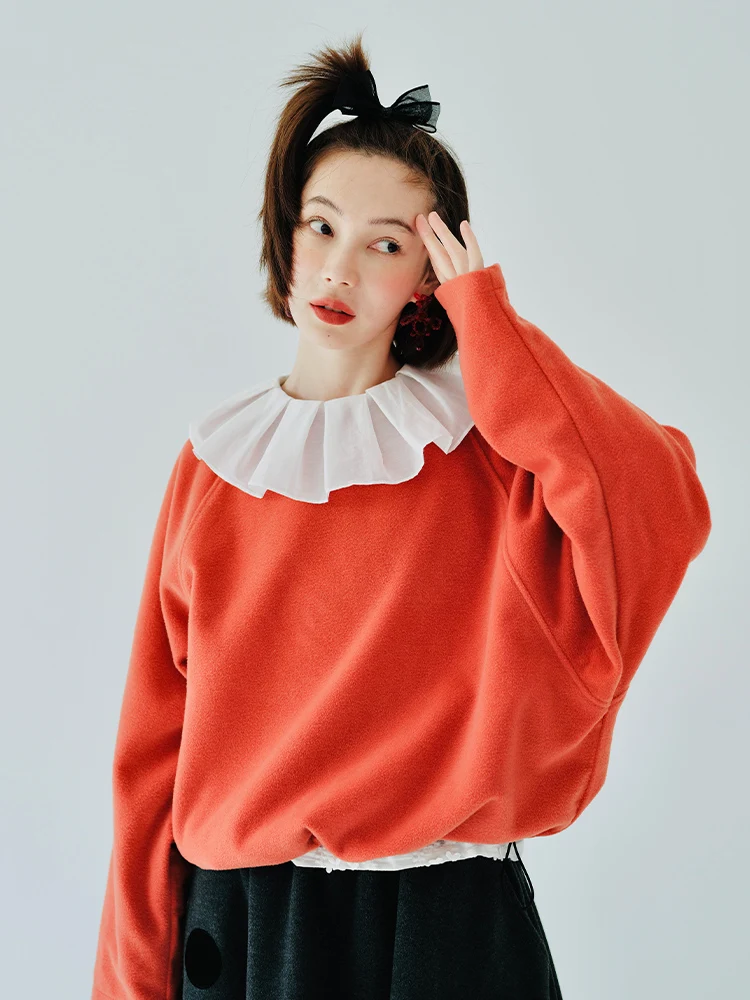 

imakokoni Original Design Solid Color Round Neck Pullover Sweater Velvet Long Sleeve Loose Drawstring Top Women's 223811