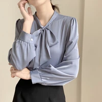 bow satin shirt womens long sleeved 2022 spring and autumn new korean loose shirt top long sleeve blouse blusas femininas