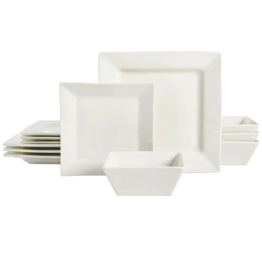 

OIMG Hard Square 12 Piece Fine Ceramic Dinnerware Set In White