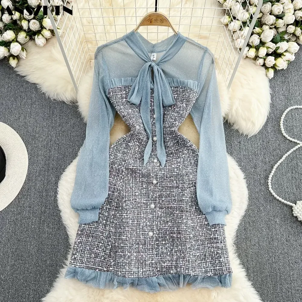 Осеннее твидовое решетчатое платье с маленьким ароматом и галстуком-бабочкой