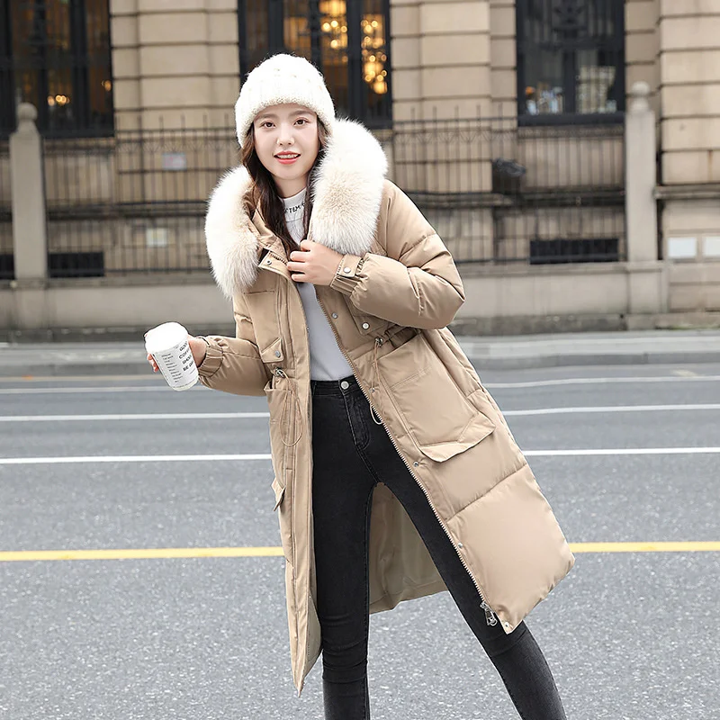 2022 New Winter Women's Removable Fur Jacket Drawstring Zipper Pocket Windproof Long Coat Cotton Paaded Clothing