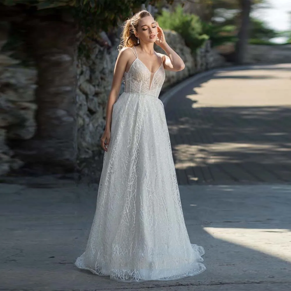 

Classic Wedding Dresses 2022 New Sexy V-Neck Spaghetti Straps Lace Bridal Gown Backless Zipper A-Line Sparkly Tulle Bridal Dress