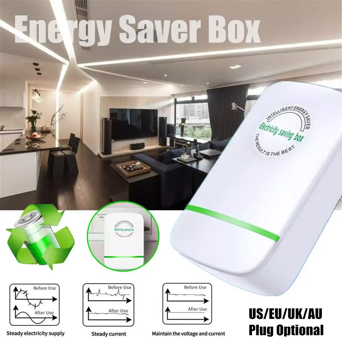 

Power Energy Electricity Saving Box Socket Power Factor Saver Device Household Electric Saver 90V-250V US/EU/UK/AU Adapter