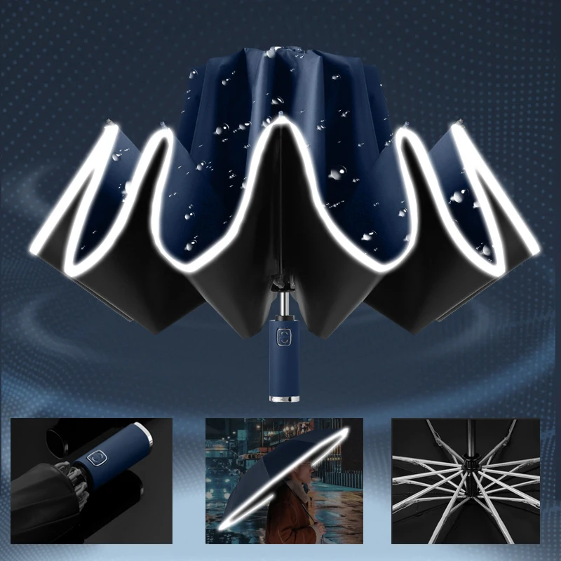 

10K Windproof Women's Men's Automatic Umbrella Male Rain Reverse Folding Business Large Reflective Stripe Umbrella Gift Parasol