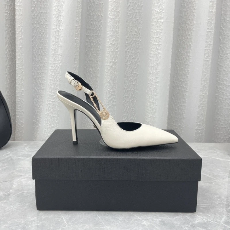 European and American Metal Button Pointed High Heels 2023 New Shallow Mouth Thin Heel Sexy One Line Sandals Women