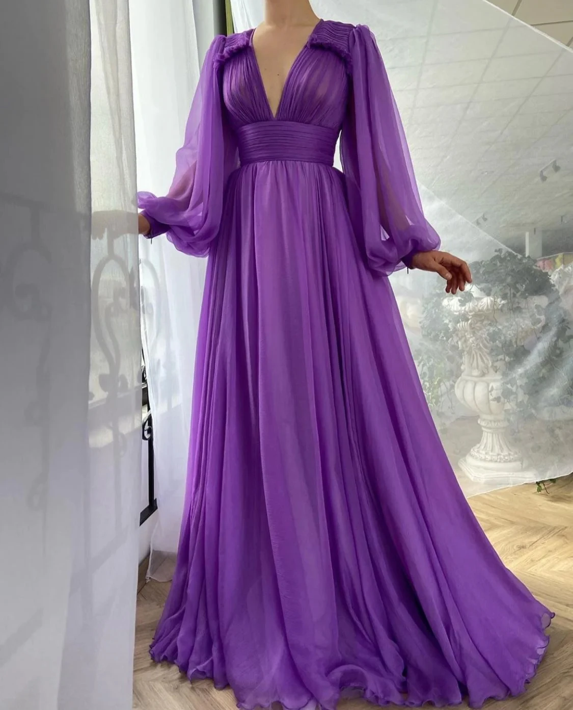 

Фиолетовые марокканские вечерние платья а-силуэта с глубоким V-образным вырезом и длинными рукавами, шифоновые длинные платья для выпускного вечера из Турции, Дубая, Саудовской Аравии