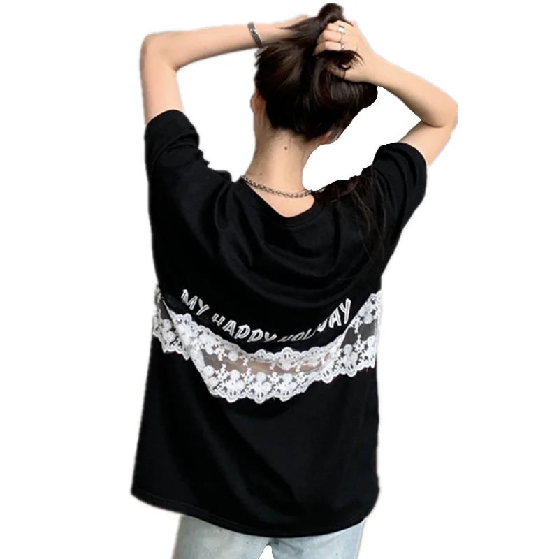 

Summer Women Holiday Tshirts Short Sleeve O Neck Casual T Shirt Back Hollow Out Lace Patchwork Tee Shirts Fashion Streetwear