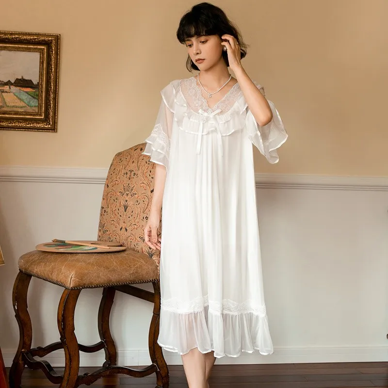 

Female Nightgown Elegant Palace Style Princess Long Nightgown Sleepwear Summer New Short Sleeve Sleepshirt Modal Lace Home Dress