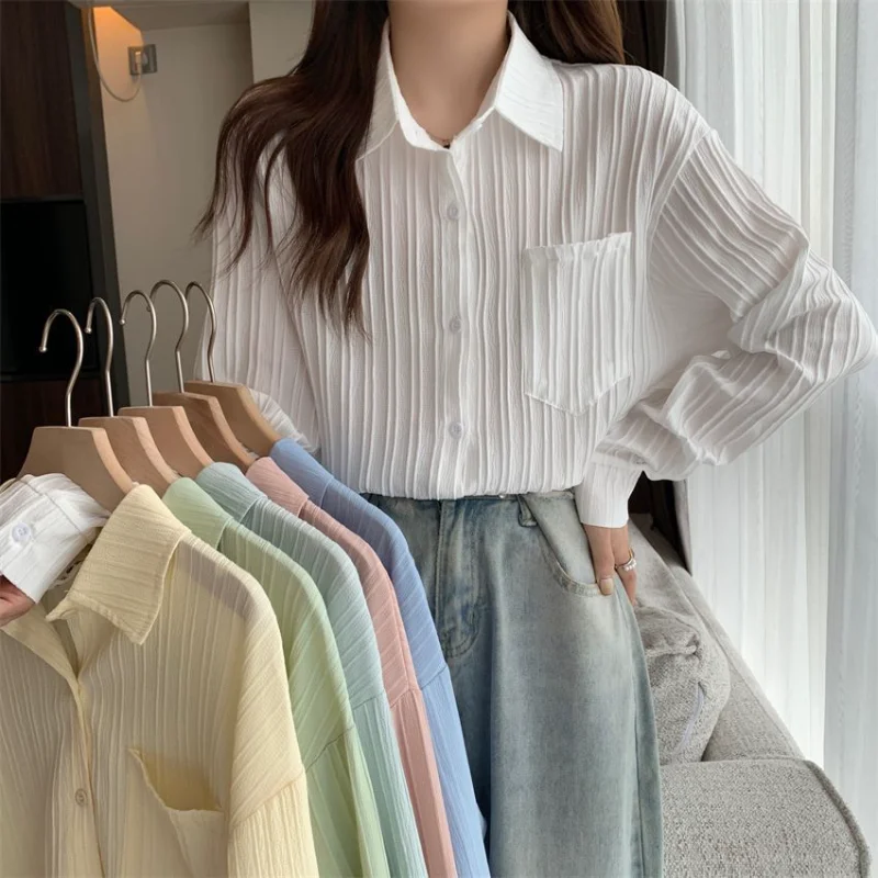 

EBAIHUI Solid Women Shirt Spring Summer Loose Casual Thin Women Blouse 2023 Turn-down Collar Top Office Lady Fashion Multicolor