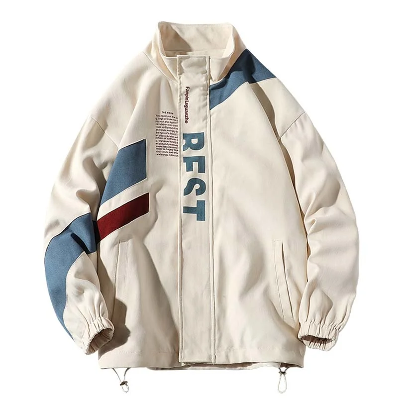 

Letter Printed Jacket Men Harajuku Color Block Patchwork Windbreaker Coats Hip Hop Streetwear Loose College Jackets Big Size 5XL