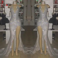 new sparkly silver sequin cheap mermaid prom dresses long halter neck v neck high side split evening party wear formal dresses
