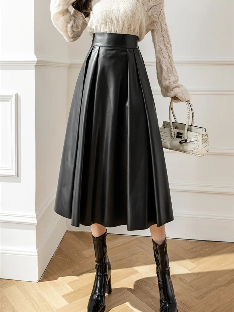 

Spring Autumn Loose PU Leather A-line Skirts Women Elegant High Waist Pleated Faux Leather Skirts Female