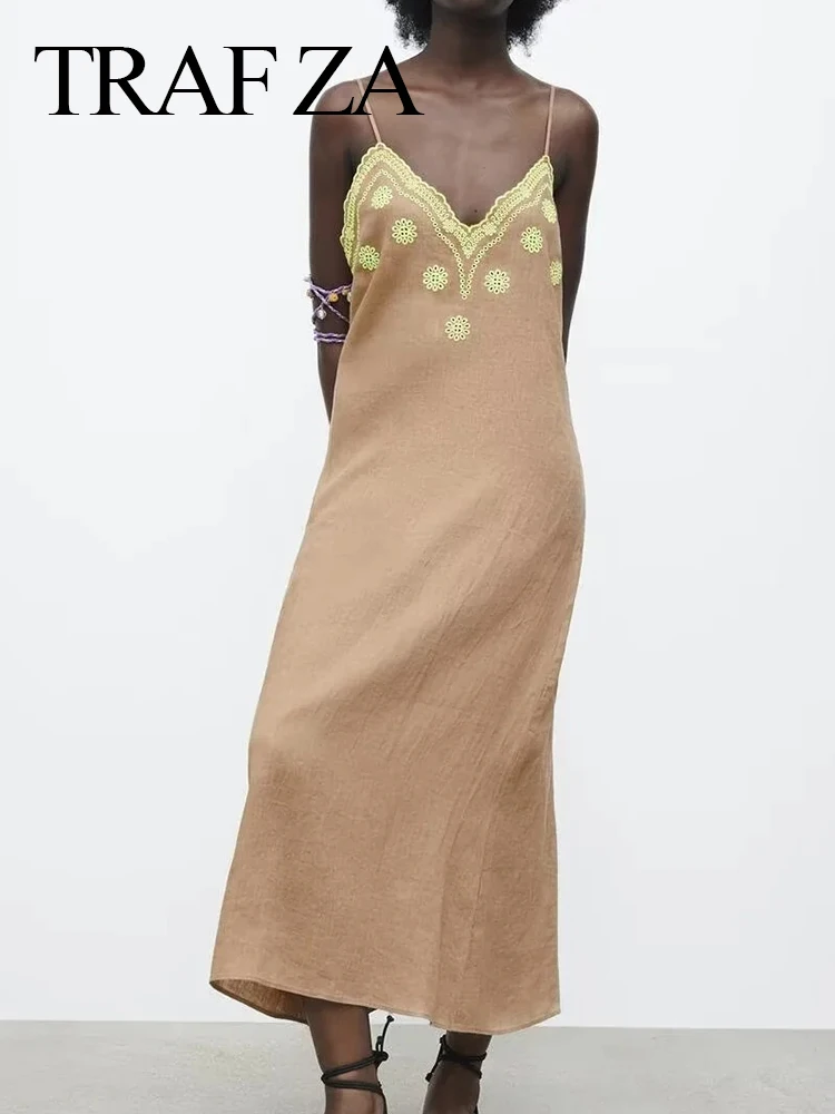 

TRAF ZA Skin-Friendly Comfort Straight Type Women's Sling Dress Solid Color Daily Elegant V-Neck Ladies Long and Ankle Dress