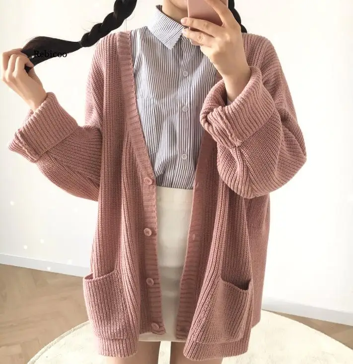 

Casual Cardigans Women Solid Knitted Sweater Coat Female Korean Fashion V-Neck Button Up Long Sleeve Jumper Tops
