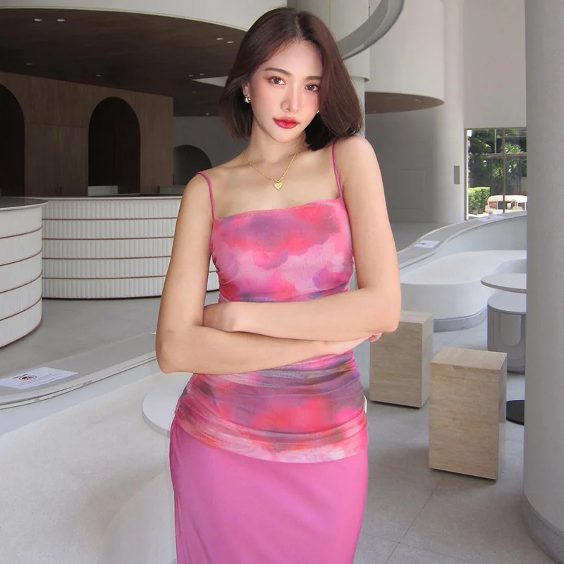 

2023elegant casual dress,Summer New Style Printed Strap Dress Women's Sexy Open Back Colored Long Dress