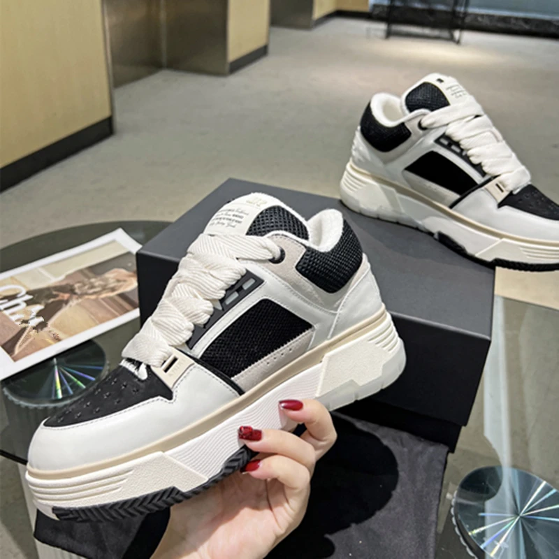

Unisex High-quality Cowhide Splicing Mesh Cloth Thick Soled Men's Sneakers Tennis Women's Shoes Leather Platform Men's Shoes