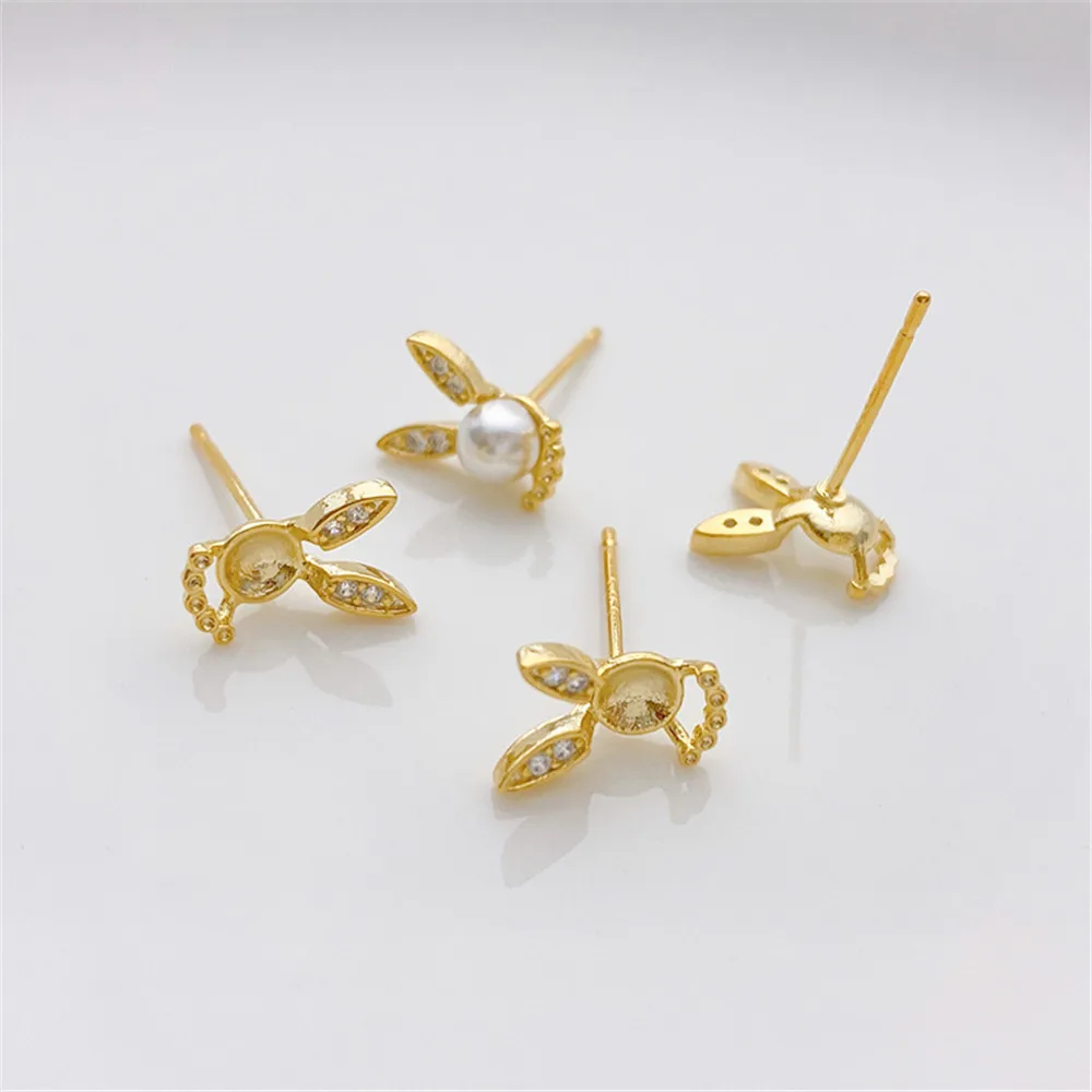 

14K Gold Color Micro Inlaid Zircon Cute Rabbit Ear Ear Studs with Empty Pearl Holder DIY Handmade Ear Jewelry Accessories