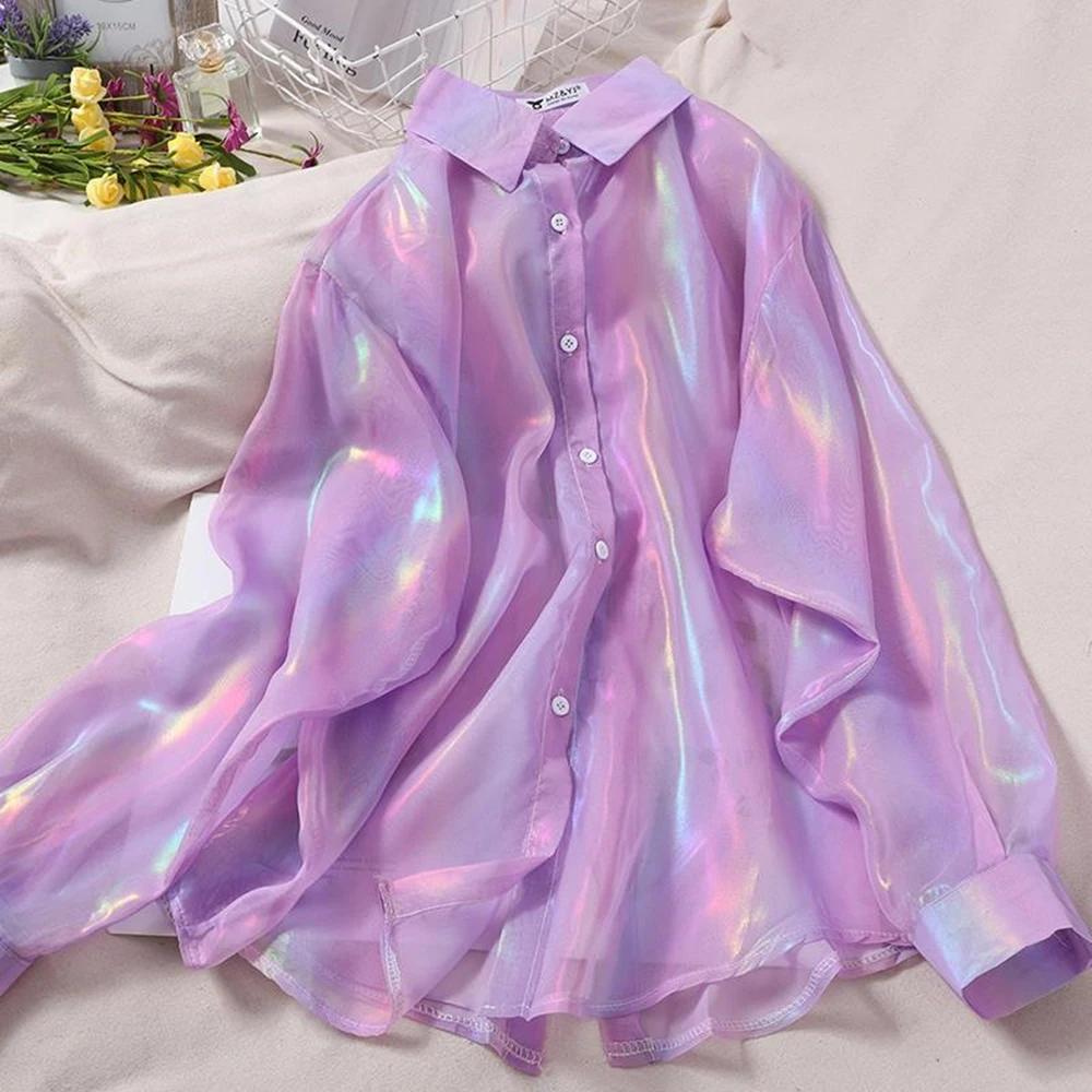 

Women Satin Shirts Sparkles Blouse Flare Sleeve Blusa Feminina Sexy Blouses For Women 2022 Summer