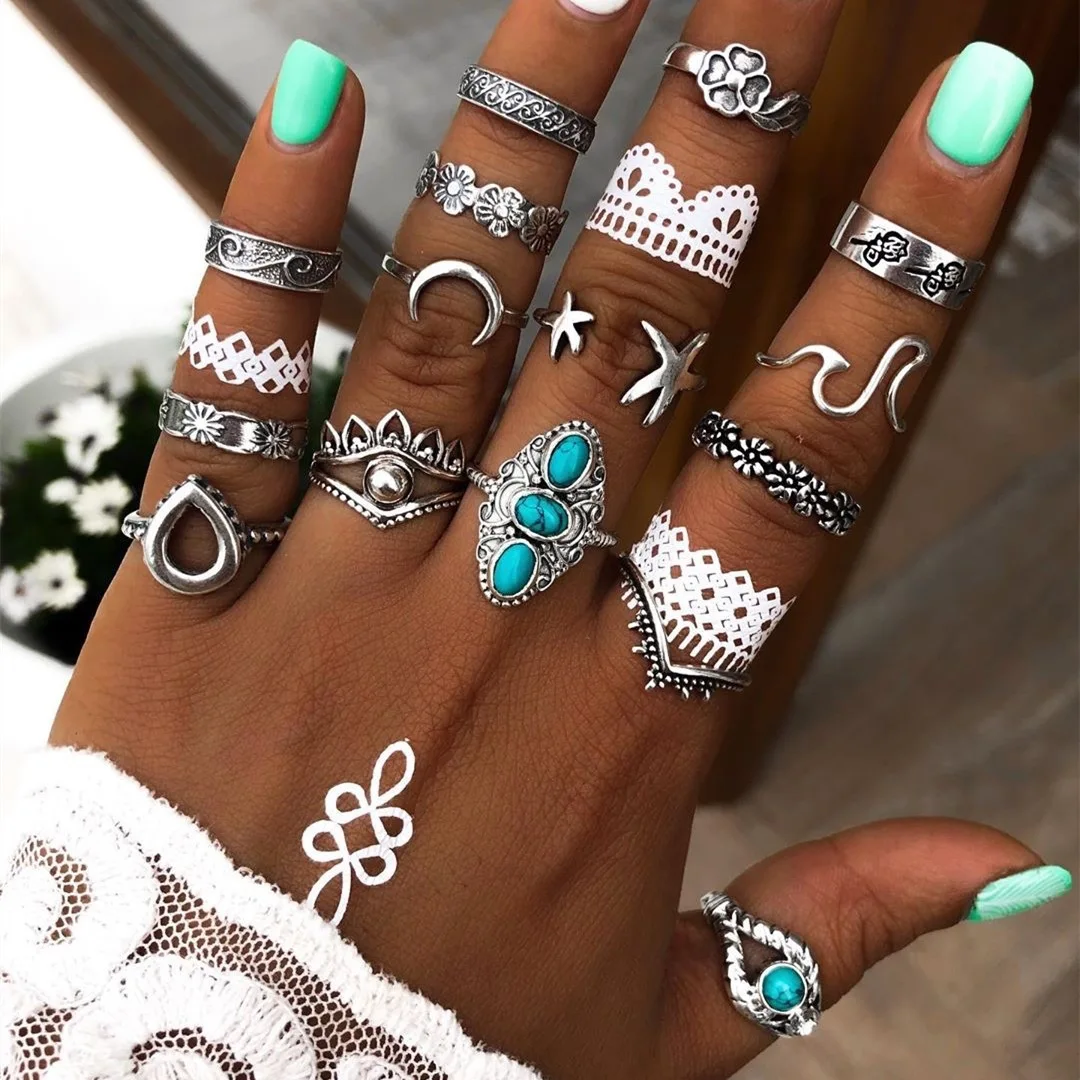 

New joint set retro national style exaggerated gem combination 15 piece set rings women