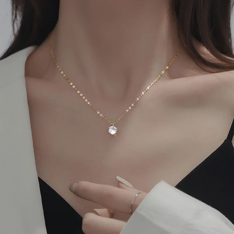 

Korean Style Single Diamond Necklace Advanced Simple Shiny Zircon Pendant Feminine Clavicle Chain Party Jewelry Accessories