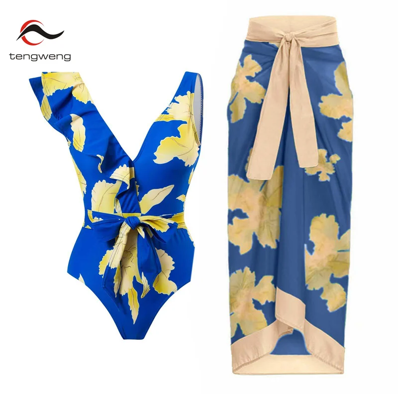 Купи TENGWENG One Piece Swimsuit Women Bathing Suit Ruffle Monokini Bandage Swimwear Sexy One-Piece Suits Leaf Print Beachwear 2023 за 821 рублей в магазине AliExpress