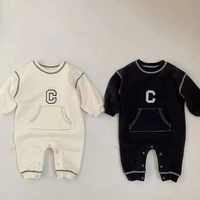 20220 autumn new infant embroidery letter romper boy baby casual long sleeve jumpsuit girl toddler big pocket cotton one piece