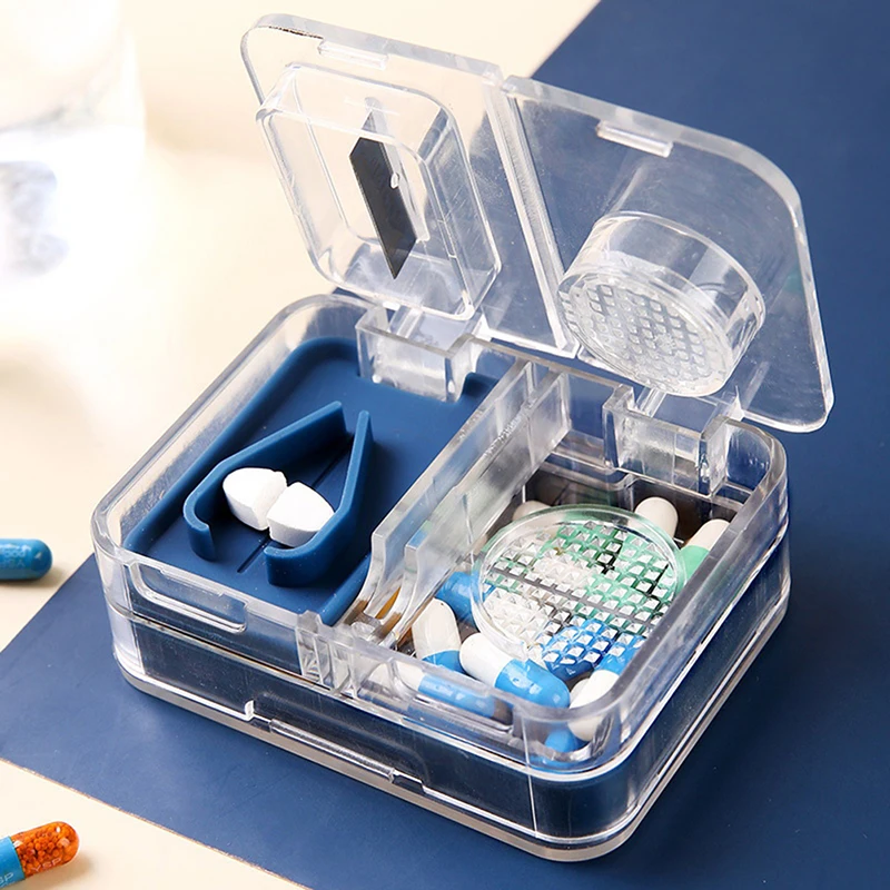 

3 in 1 Portable Pill Box Mini Sealed Medicine Storage Box Tablet Cutting/Grinding Medicine Box Dispenser Container