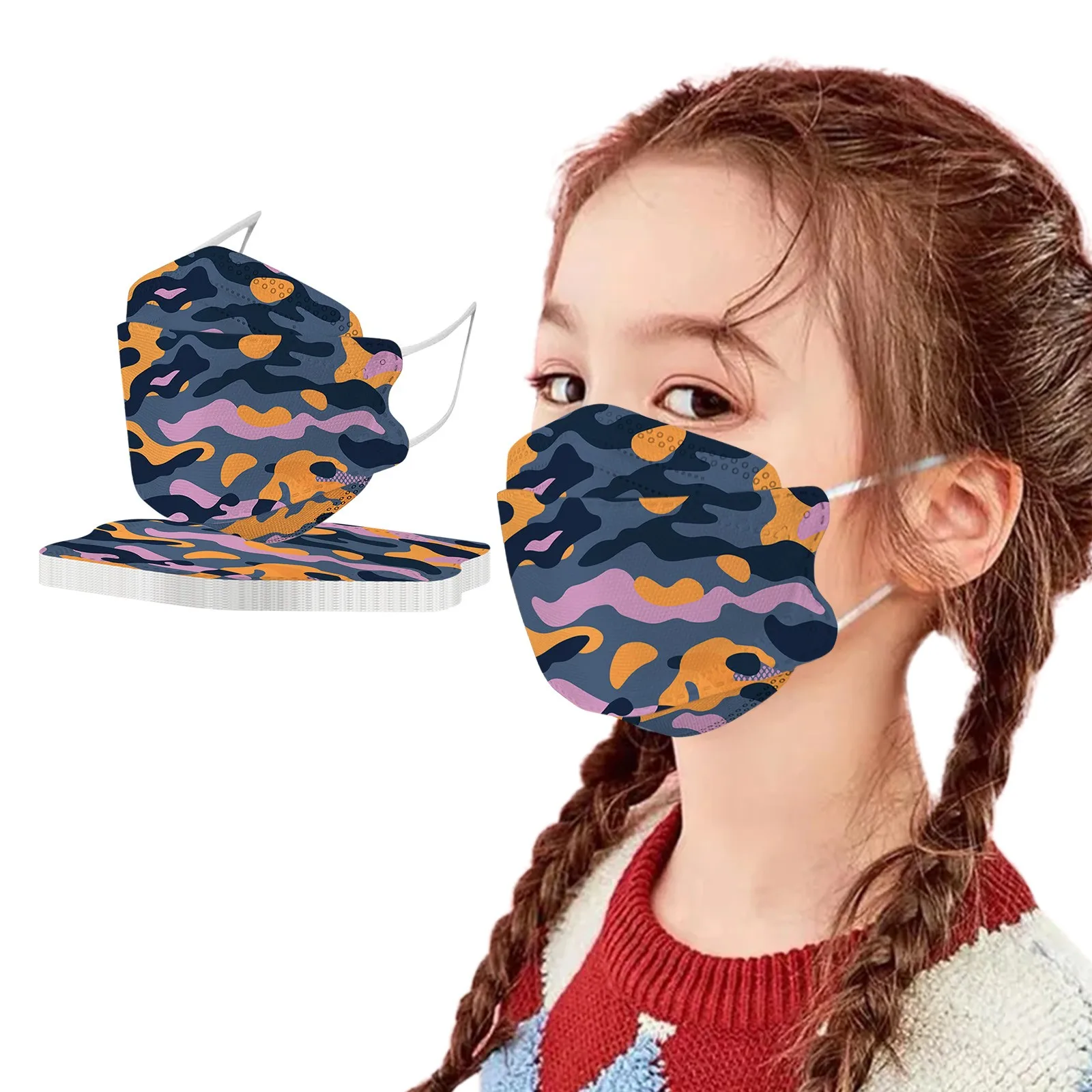

50pcs Children'S Camouflage Printed Outdoor Prevention Fish Mask Face Masks Masks For Kids Girls Baby Earloop Bandage Masque