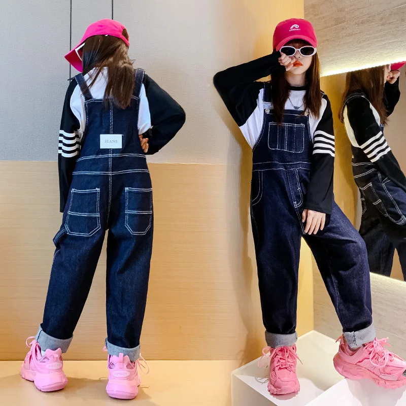 

Girls autumn back label denim overalls 2022 new children's foreign style sports casual pants girls trousers