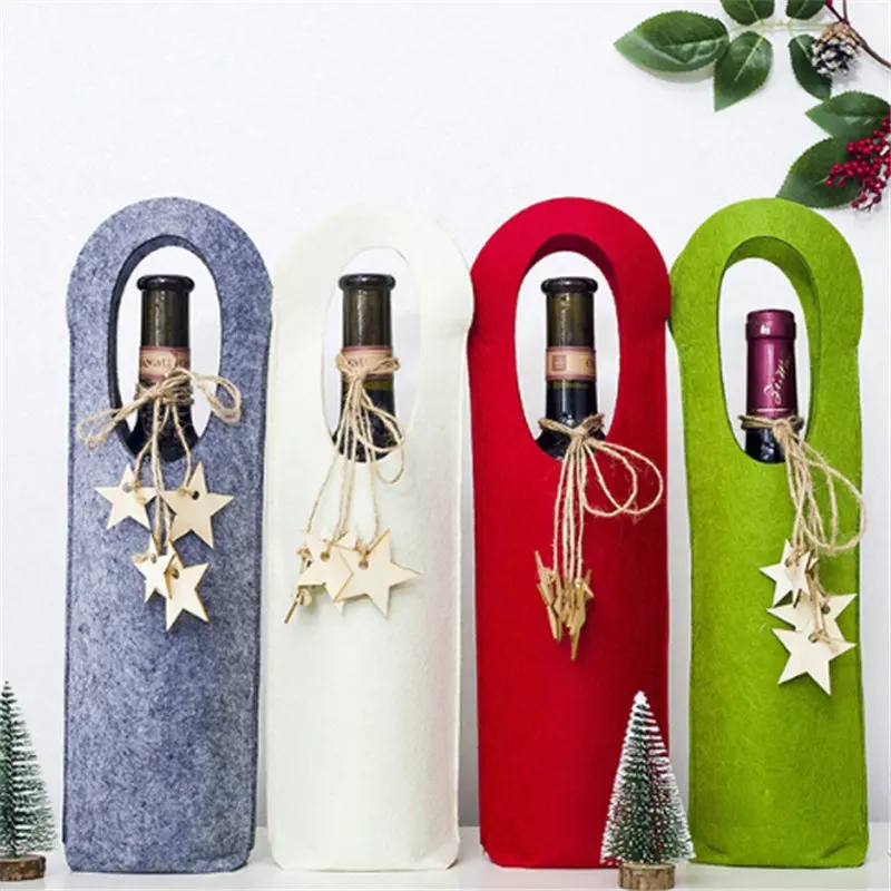 

Christmas Wine Bottle Cover Wiht Star Shape String Champagne Gift Holders Unique Pure Colour Wool Felt Xmas Party Supplies