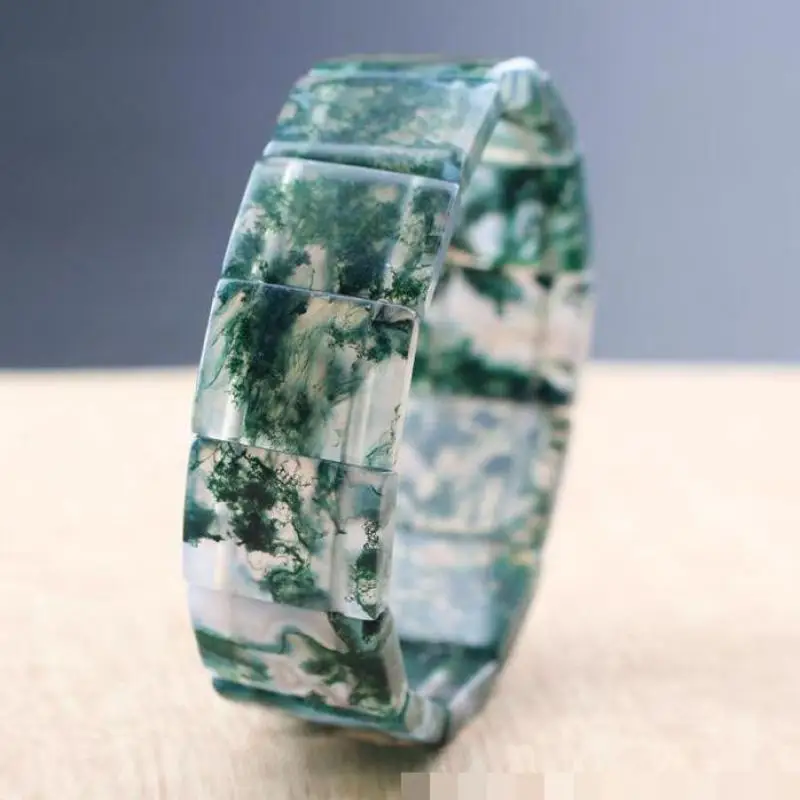 

Natural Aquatic Agate Wide Bracelet Men Women Healing Gemstone Fine Jewelry Marine Agate Square Jades Bead Elastic Bracelets