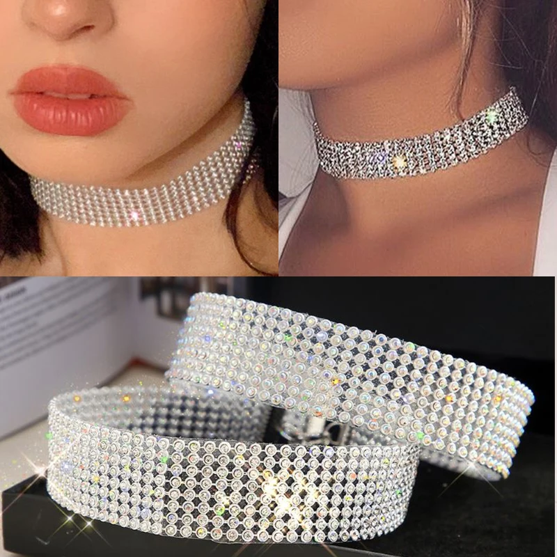 

Fashion Inlay Crystal Rhinestone Necklace Women Full Diamond Choker Retro Punk Silver Clavicle Chain Wedding Jewelry Accessories