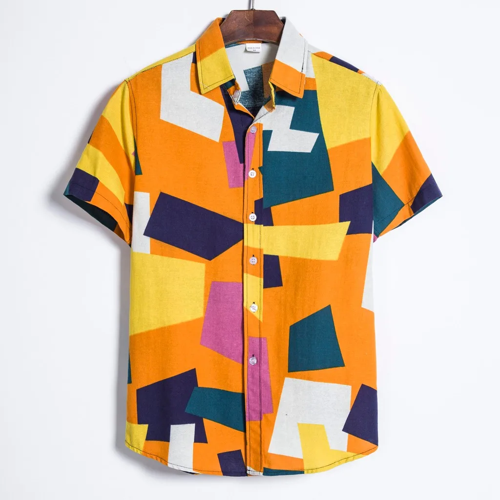 

Hawaiian Mens Linen Printed Blouse Sleeve Shirt T-shirt Cotton Short Casual Men Shirts Bleached Shirts Men